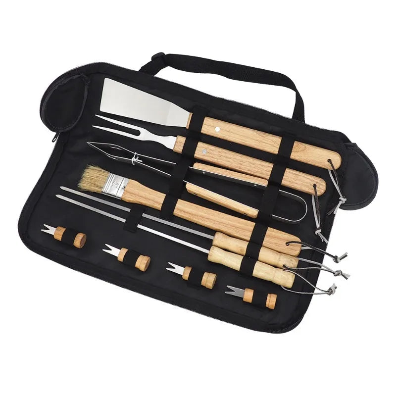Outdoor Barbecue Tool, Cloth Bag with Wooden Handle, Stainless Steel