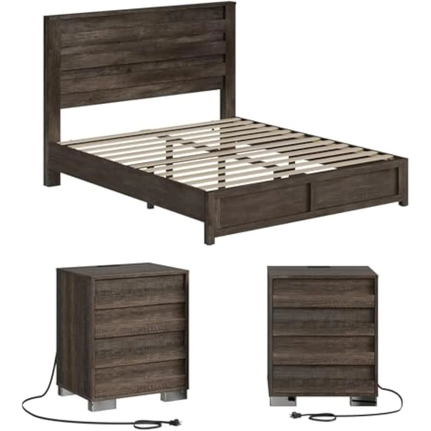 Farmhouse Full Size Bed Frame with Slatted Headboard, 2 Nightstands