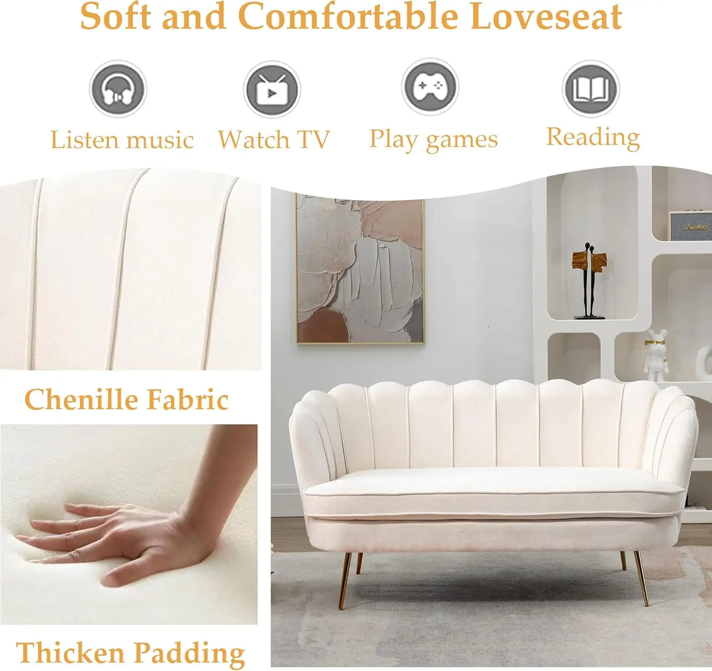 Small Modern Chenille Loveseat Sofa with Gold Metal Legs