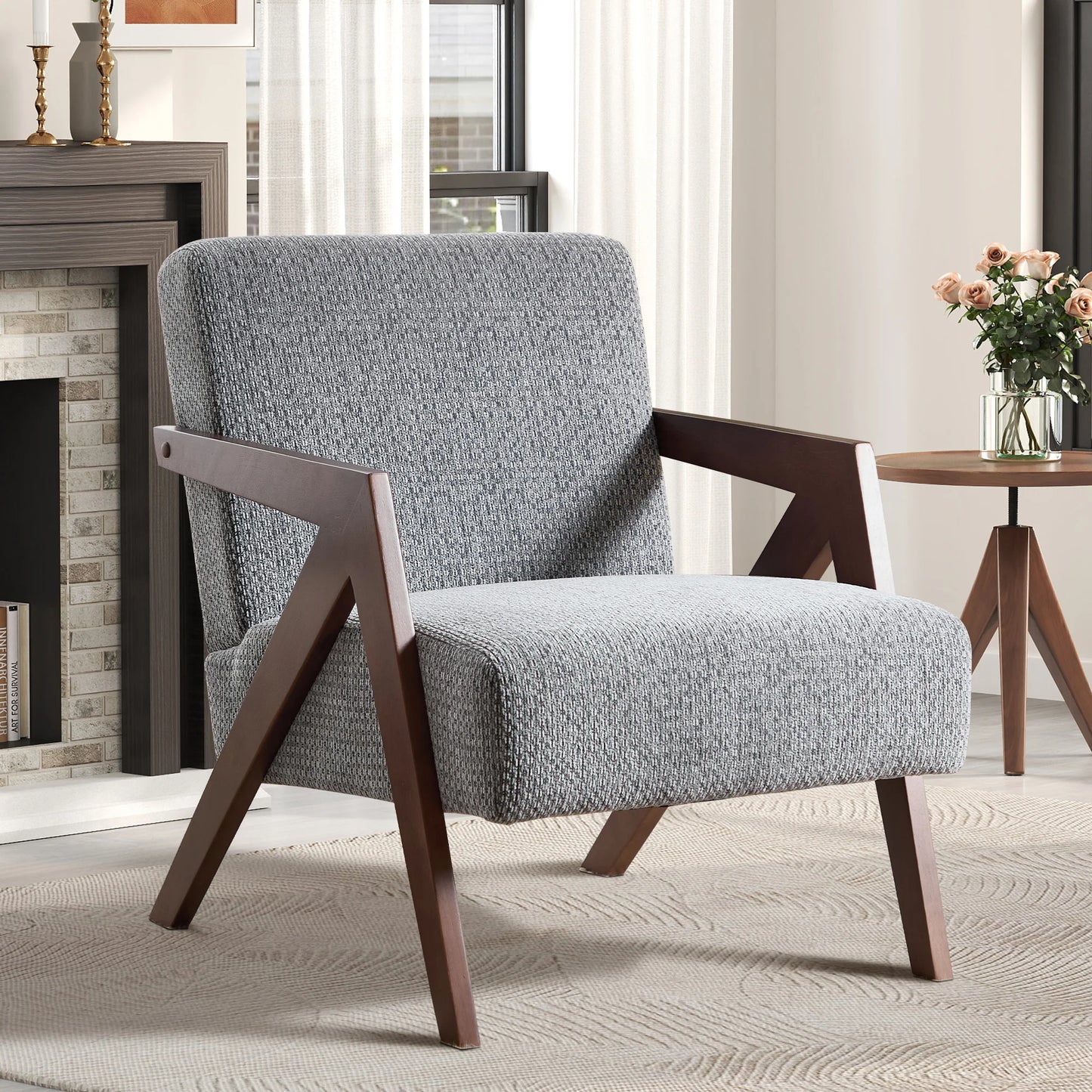 Casual Solid Wood Single Chair with Comfortable Bedroom Armchair