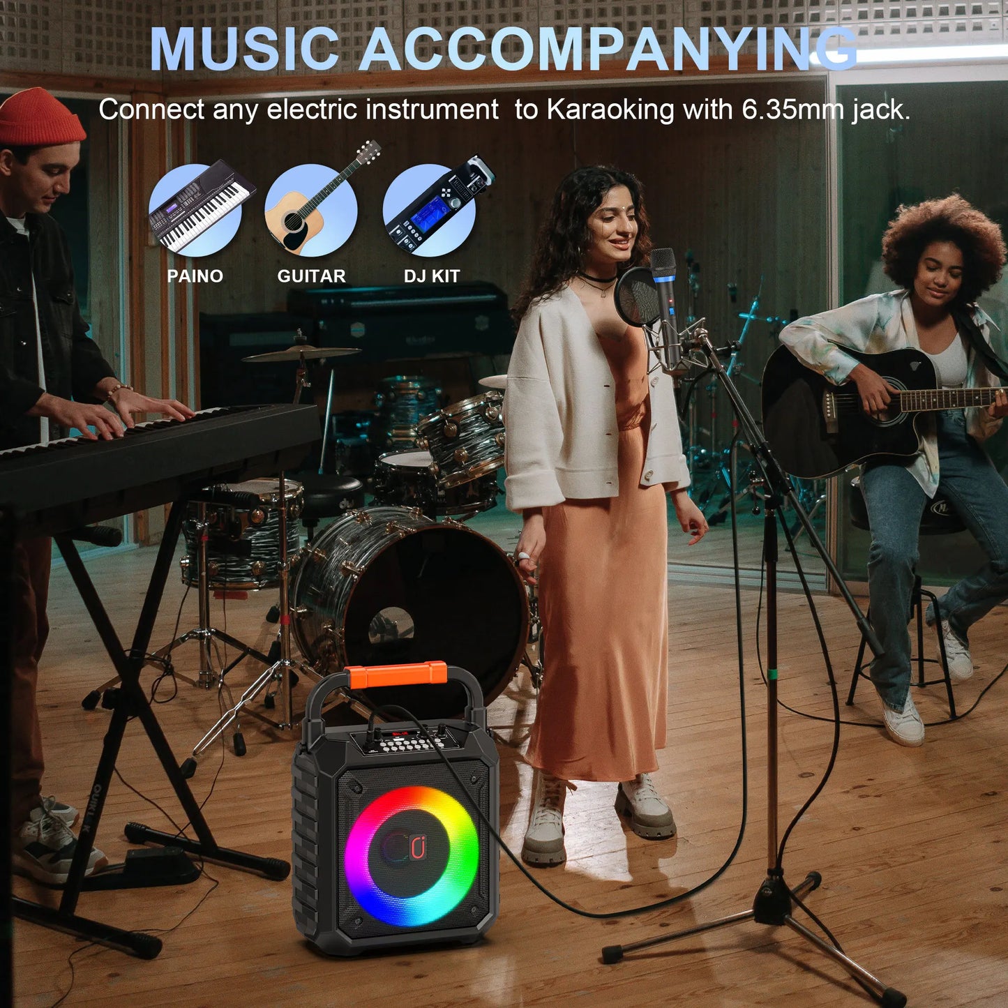 Karaoke Machine with 2 Wireless Microphones, Portable Speaker with LED Lights