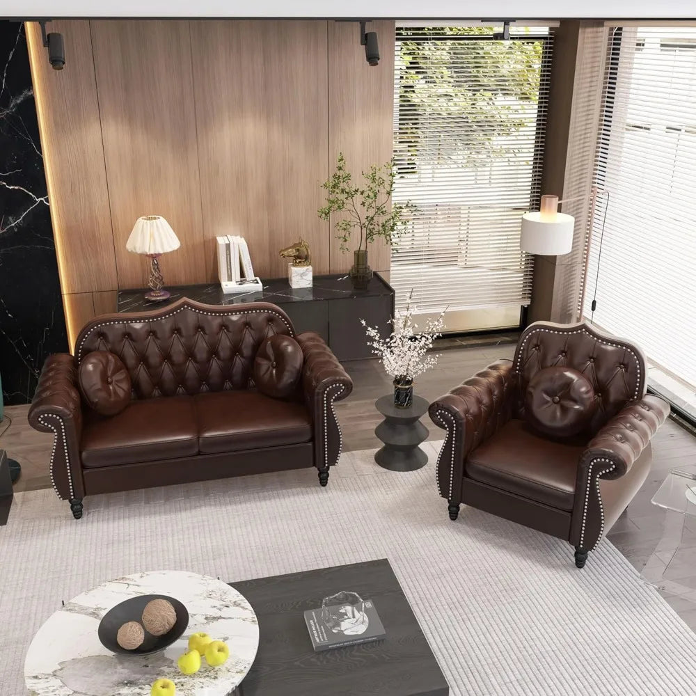 Chesterfield 2-Piece Sectional Sofa Set, Mid-Century Modern Upholstered