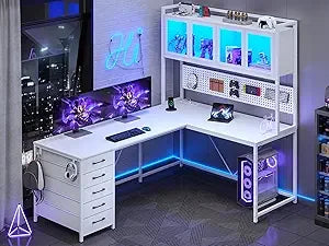 L Shaped Computer Desk with Hutch and Storage Shelves