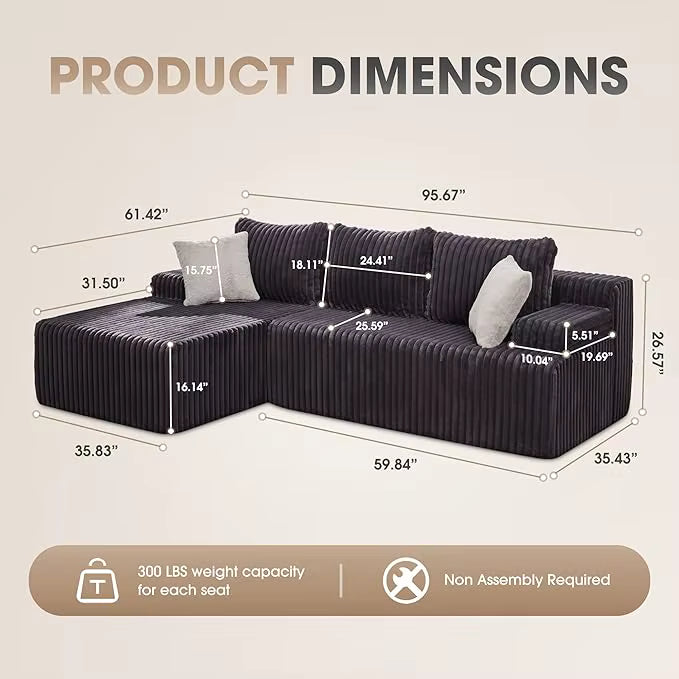 Modular L-Shaped 3-Seat Sectional | Memory Foam with Deep Seating & Storage Modules