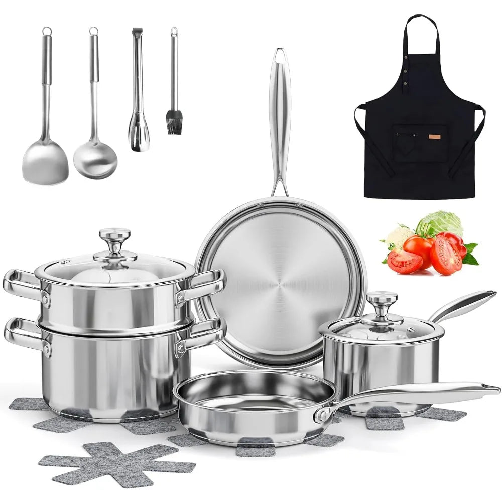 Stainless Steel Cookware Set, 16-Piece Pots and Pans with Glass Lids, Steamer