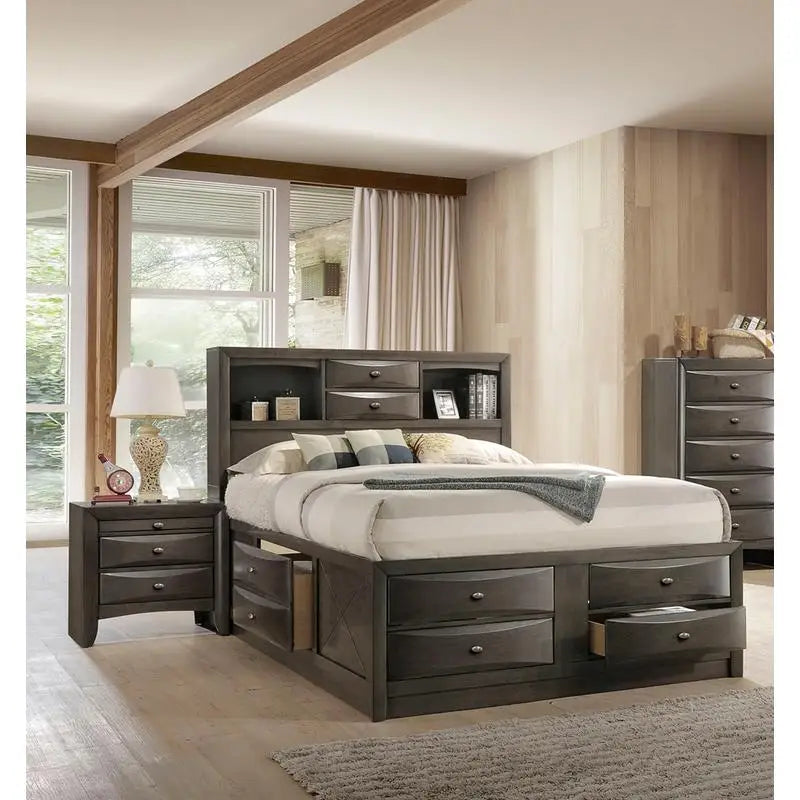 Contemporary Queen Bed with 2 Nightstands and Bookcase Headboard