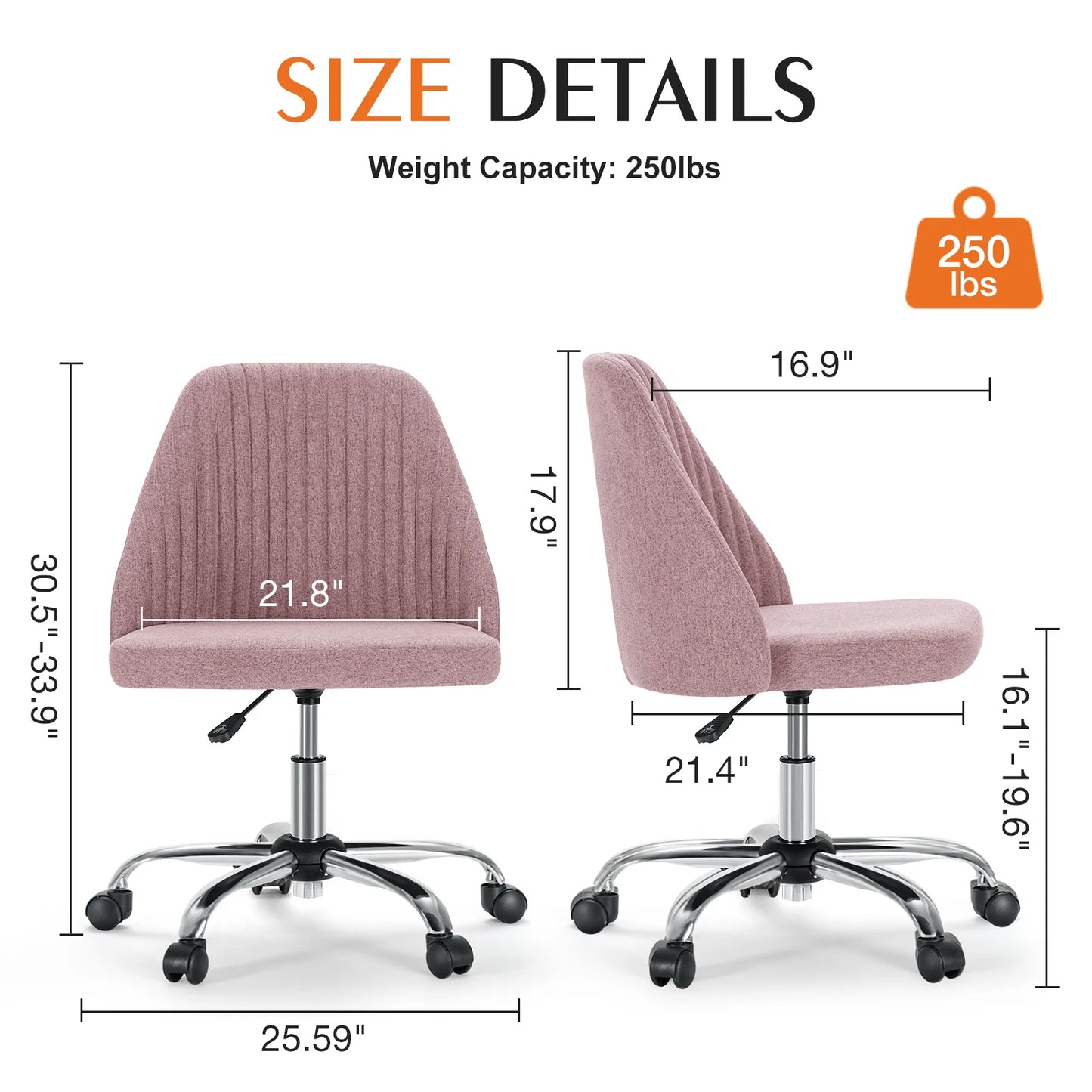 Armless Small Desk Swivel Chair with Back Modern Fabric on Wheels