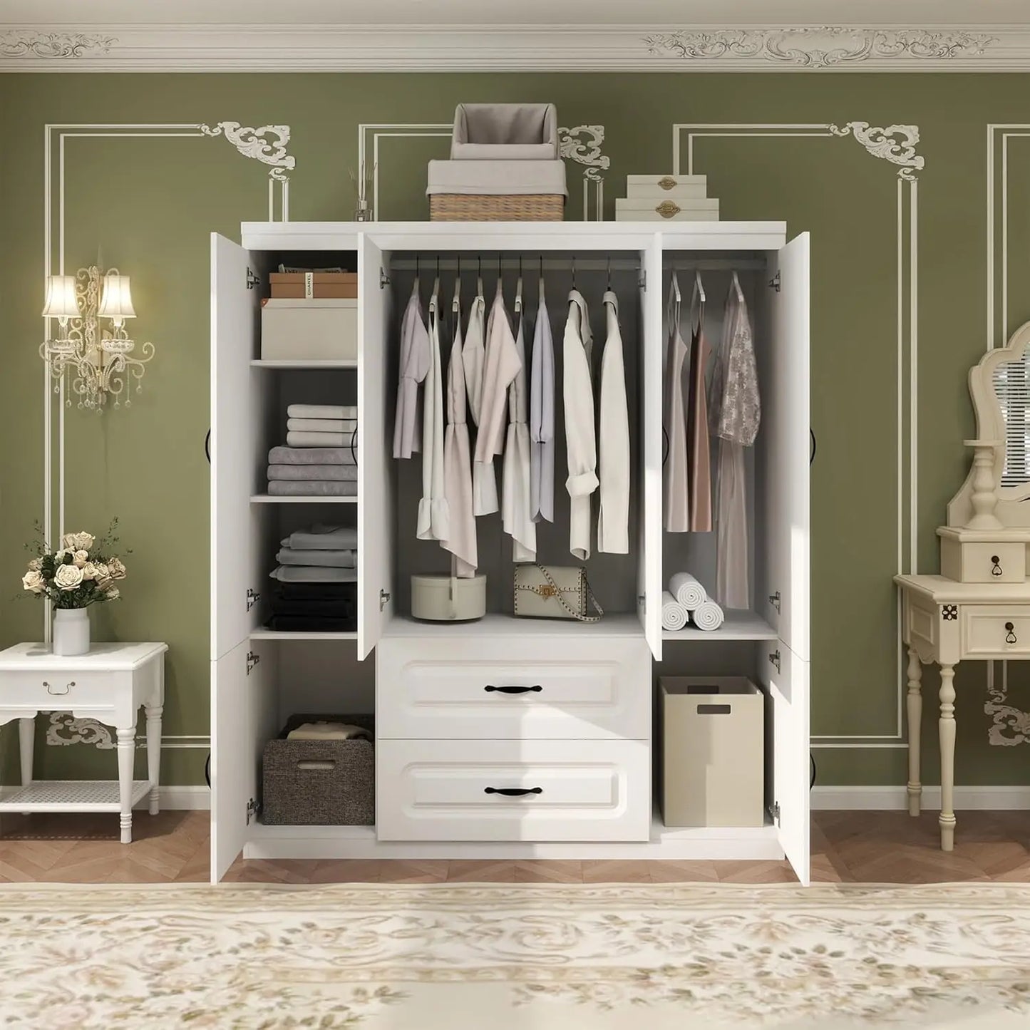 Armoire Wardrobe Closet: 4 Door 2 Drawers Tall Closet with Shelves