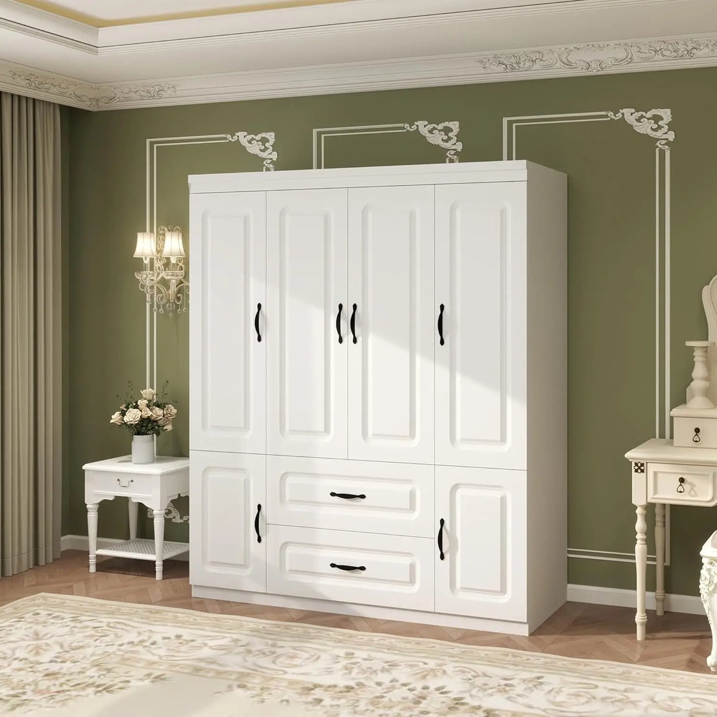 Armoire Wardrobe Closet: 4 Door 2 Drawers Tall Closet with Shelves