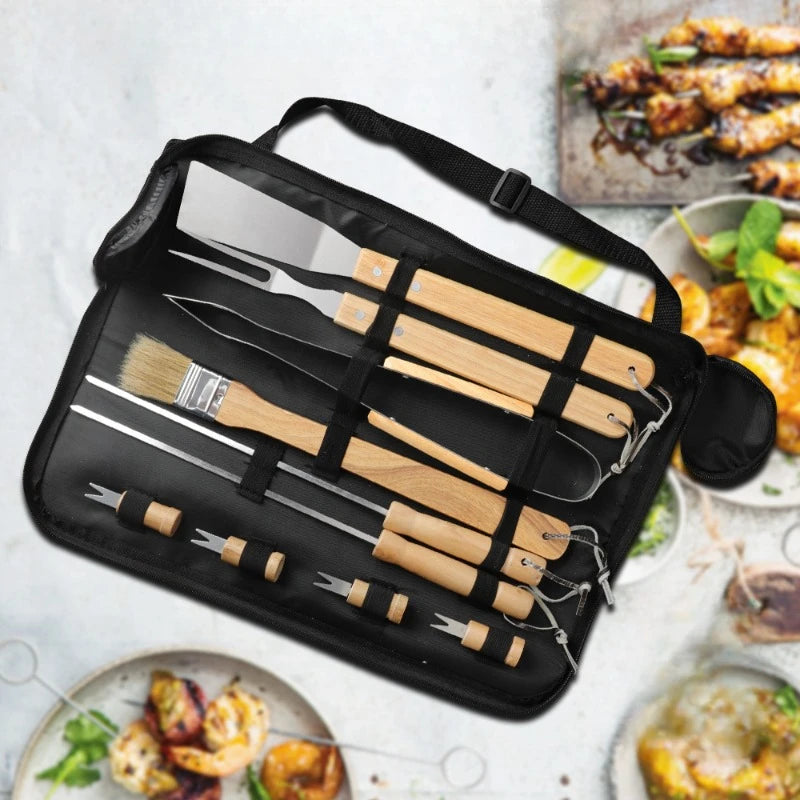 Outdoor Barbecue Tool, Cloth Bag with Wooden Handle, Stainless Steel