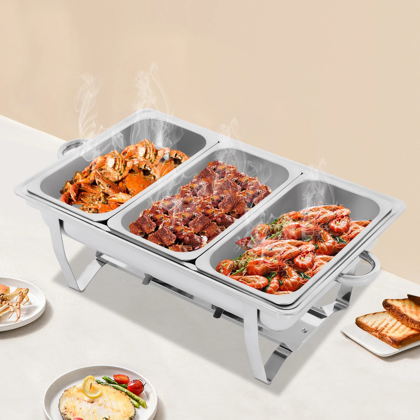 3-Compartment Stainless Steel Chafing Dish, Dishwasher Safe & Food Warmer