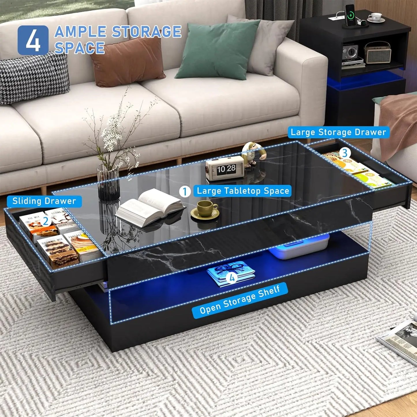 LED Coffee Table with 2 Sliding Drawers with Marbling Print