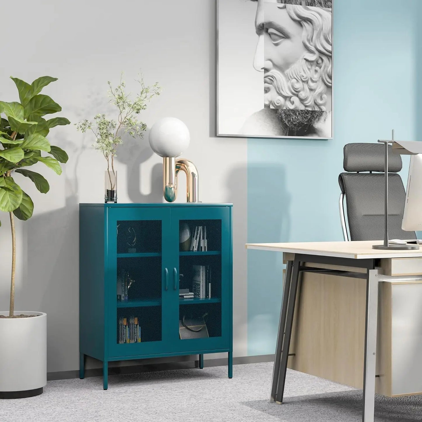 Blue Metal Storage Cabinet with Mesh Doors, Small Office Cabinet
