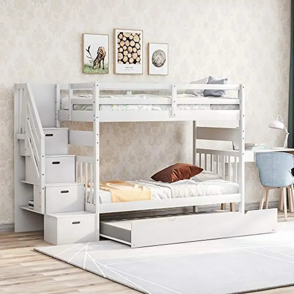 Solid Wood Twin Over Twin/Full Bunk Bed with Trundle Drawers