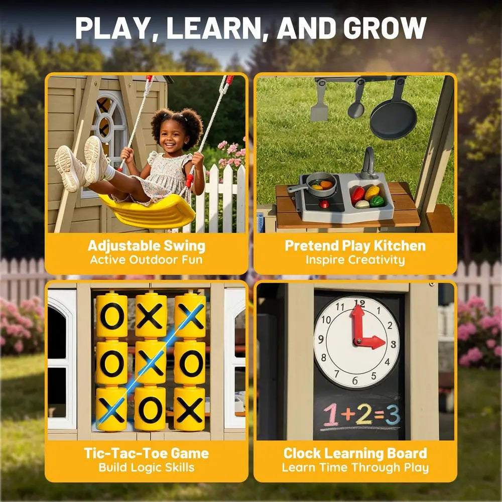Playhouse with Swing Set for Kids, Cedar Wood Outdoor Playset