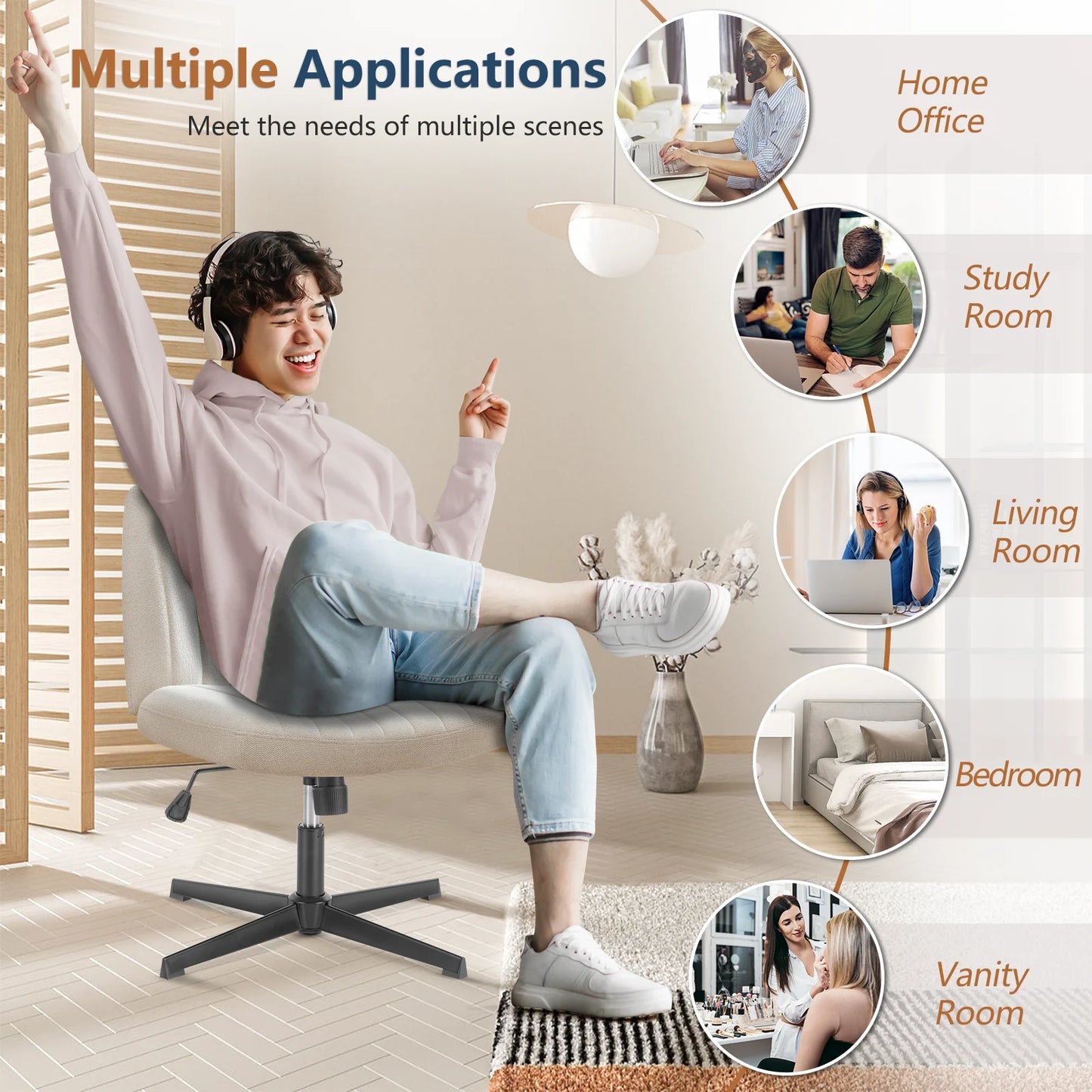 Office Living Room Rocking Gaming Chair Armless Adjustable Swivel