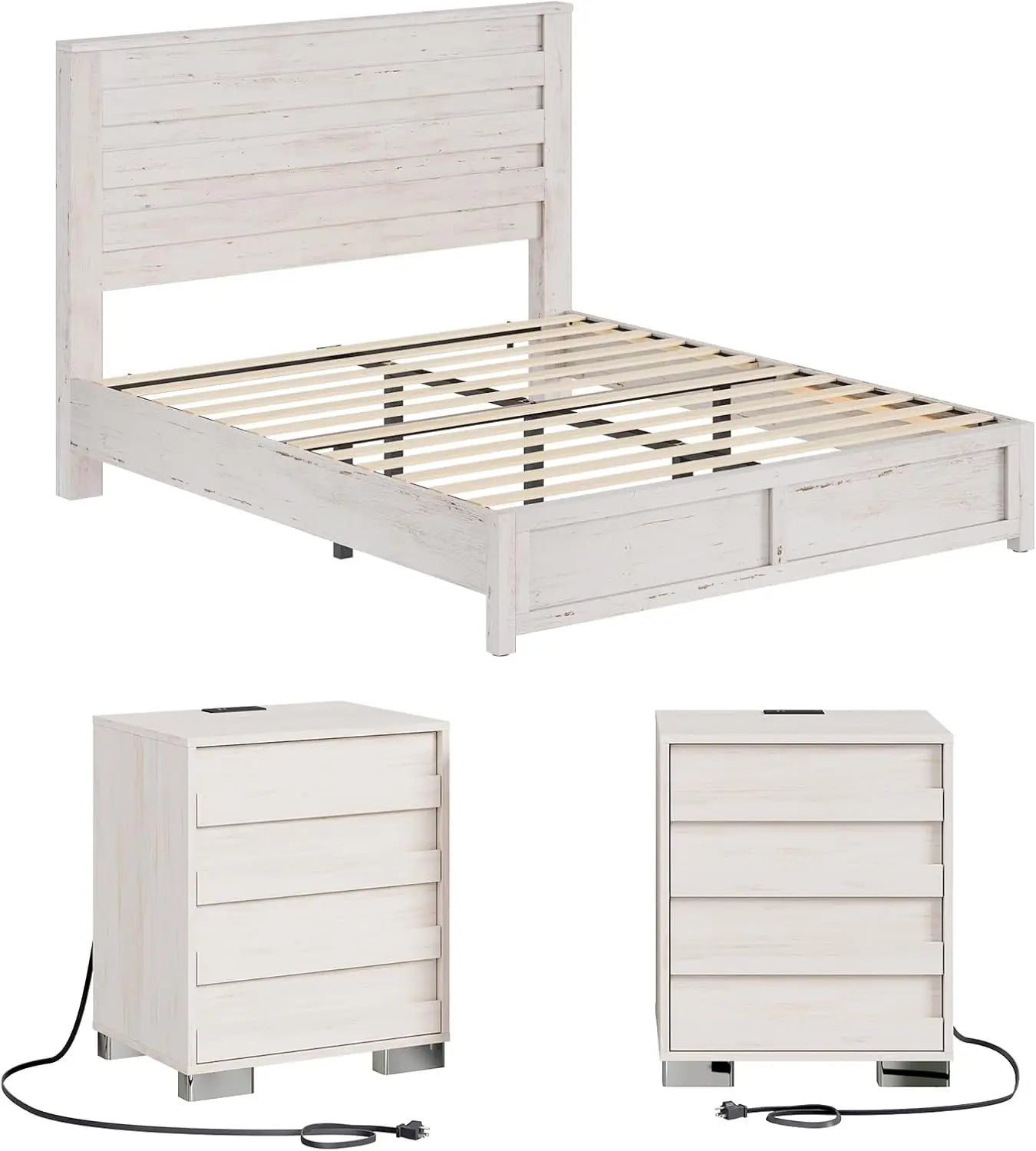 Farmhouse Full Size Bed Frame with Slatted Headboard, 2 Nightstands