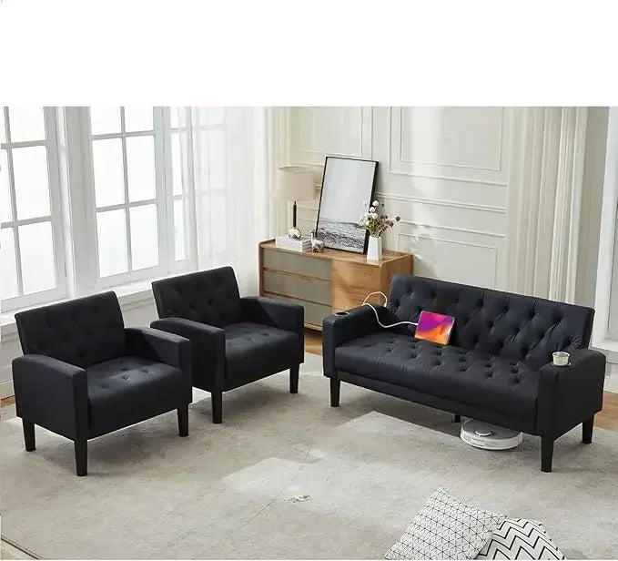 Mid-Century Loveseat Sofa Set w/ 2 USB & 2 Cupholders