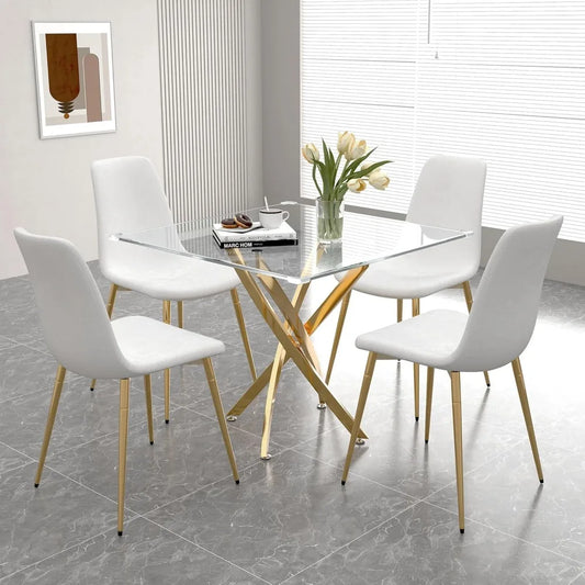 Glass Dining Table Set for 4, 5-Piece Square Gold Kitchen Table Set with 4 White Upholstered Chair, Tempered Glass Dining Room T