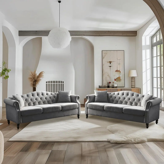 Chesterfield Velvet Sofa Set 3-Seater and Loveseat with Pillows