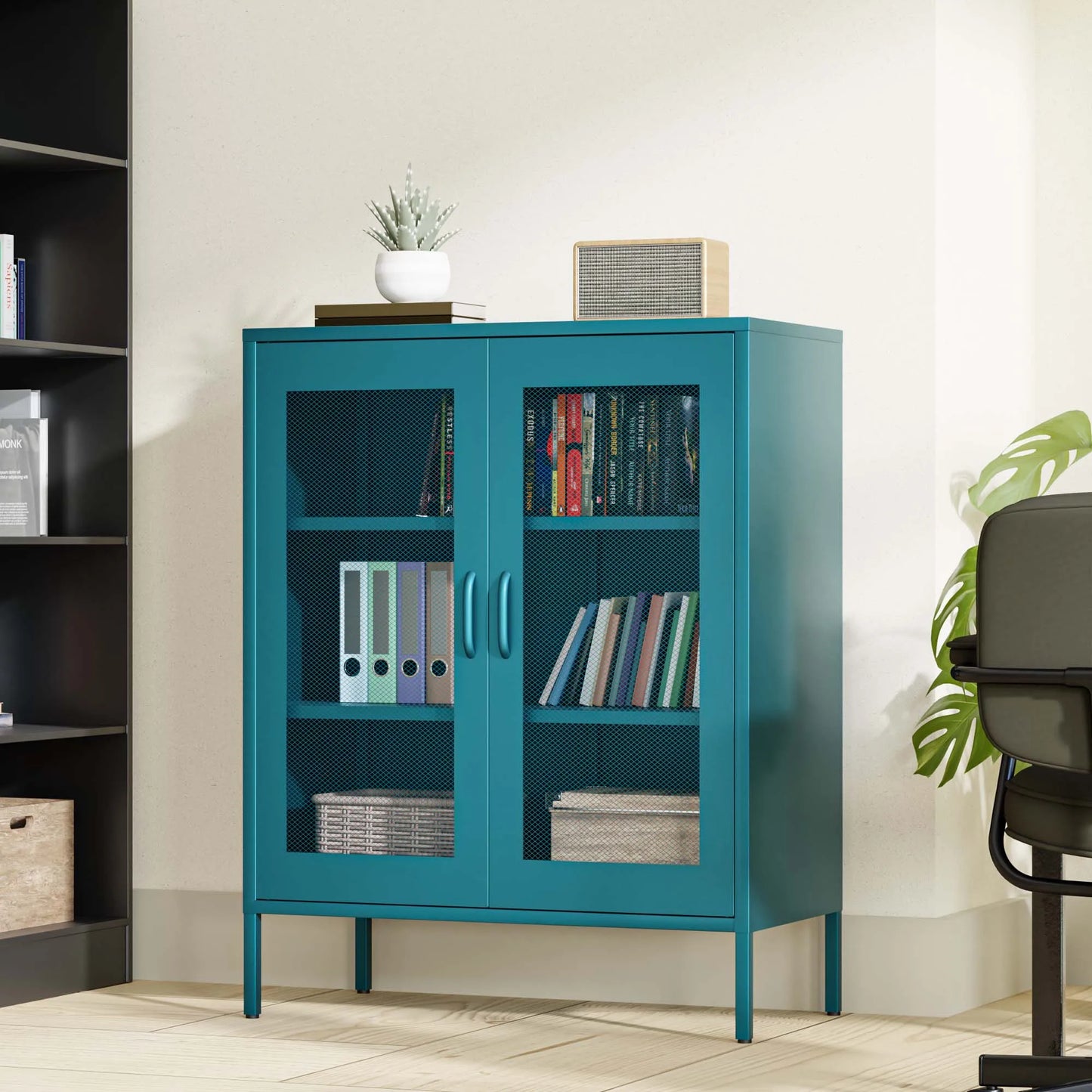 Blue Metal Storage Cabinet with Mesh Doors, Small Office Cabinet