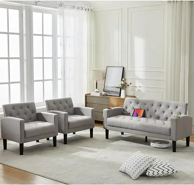 Mid-Century Loveseat Sofa Set w/ 2 USB & 2 Cupholders