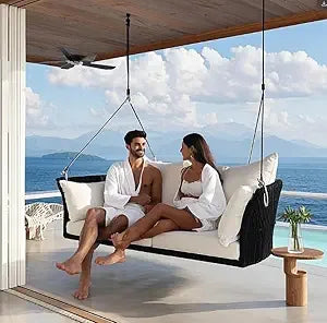Acacia Wood Porch Swing with Hemp Rope, Twin Size
