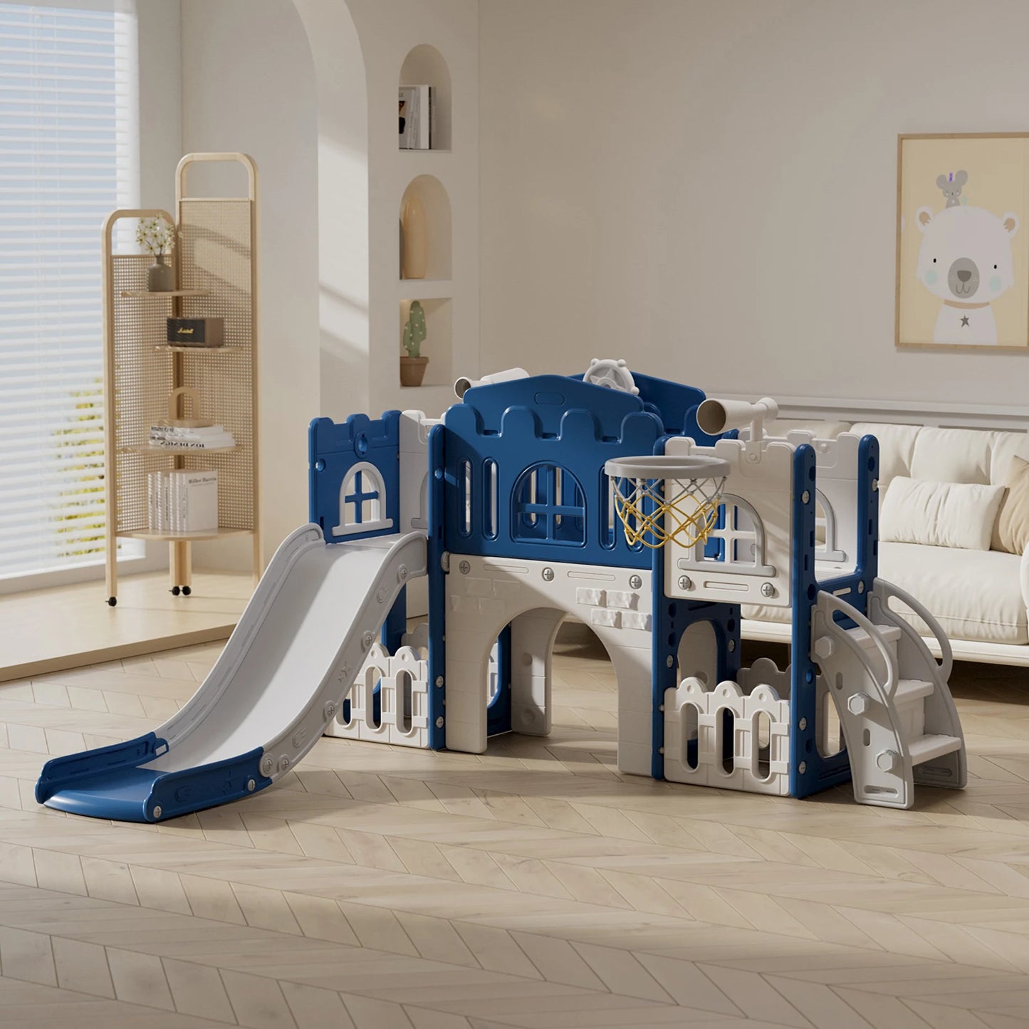 8 in 1 Toddler Slide Indoor Playground with Basketball Hoop