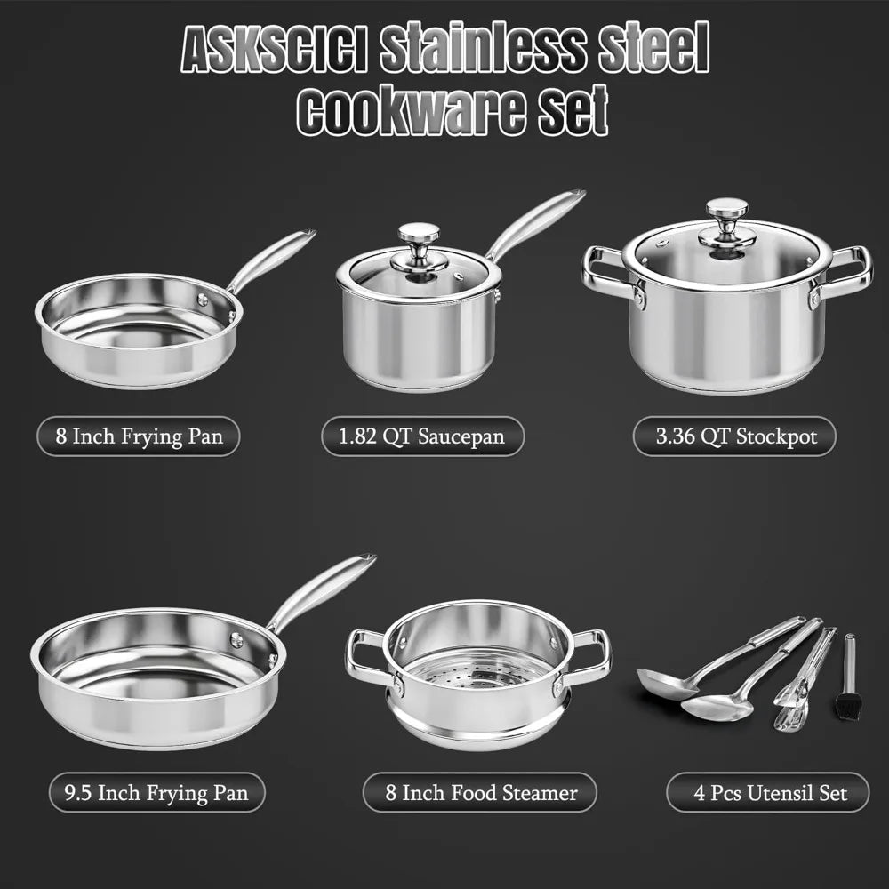 Stainless Steel Cookware Set, 16-Piece Pots and Pans with Glass Lids, Steamer