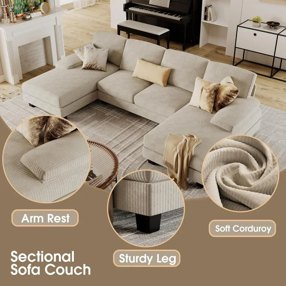 U-Shaped Sofa Couch with Linen Fabric and Double Chaise
