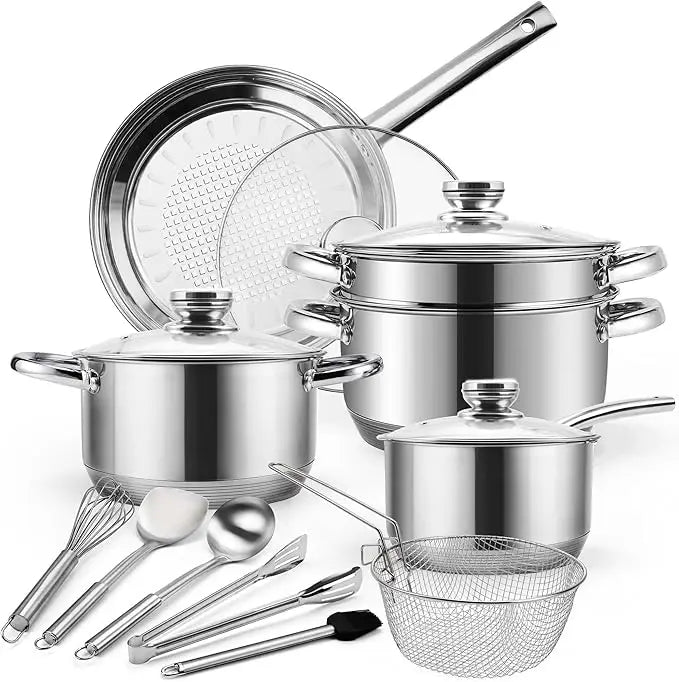 Stainless Steel Cookware Set, 16-Piece Pots and Pans with Glass Lids, Steamer