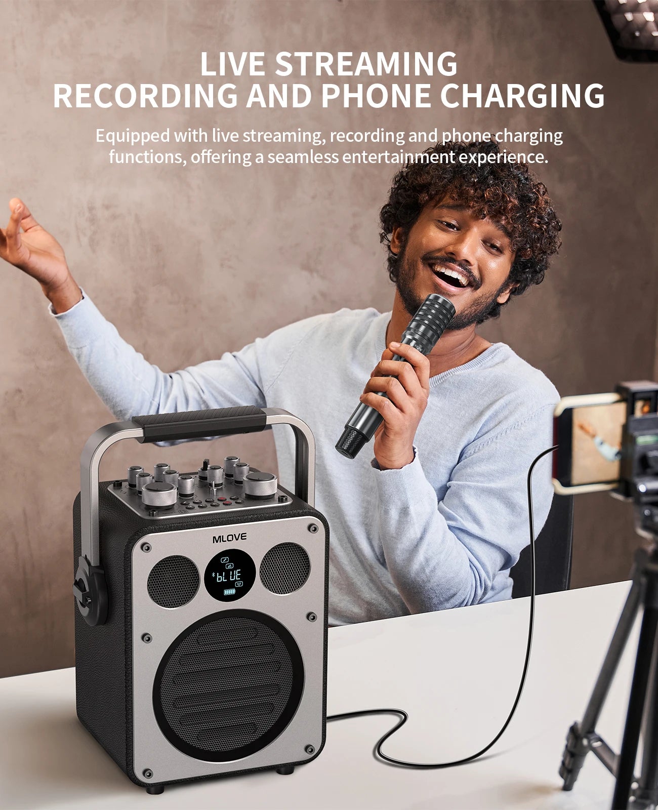Professional Karaoke Machine with Bluetooth and 2 Wireless Microphones, Portable