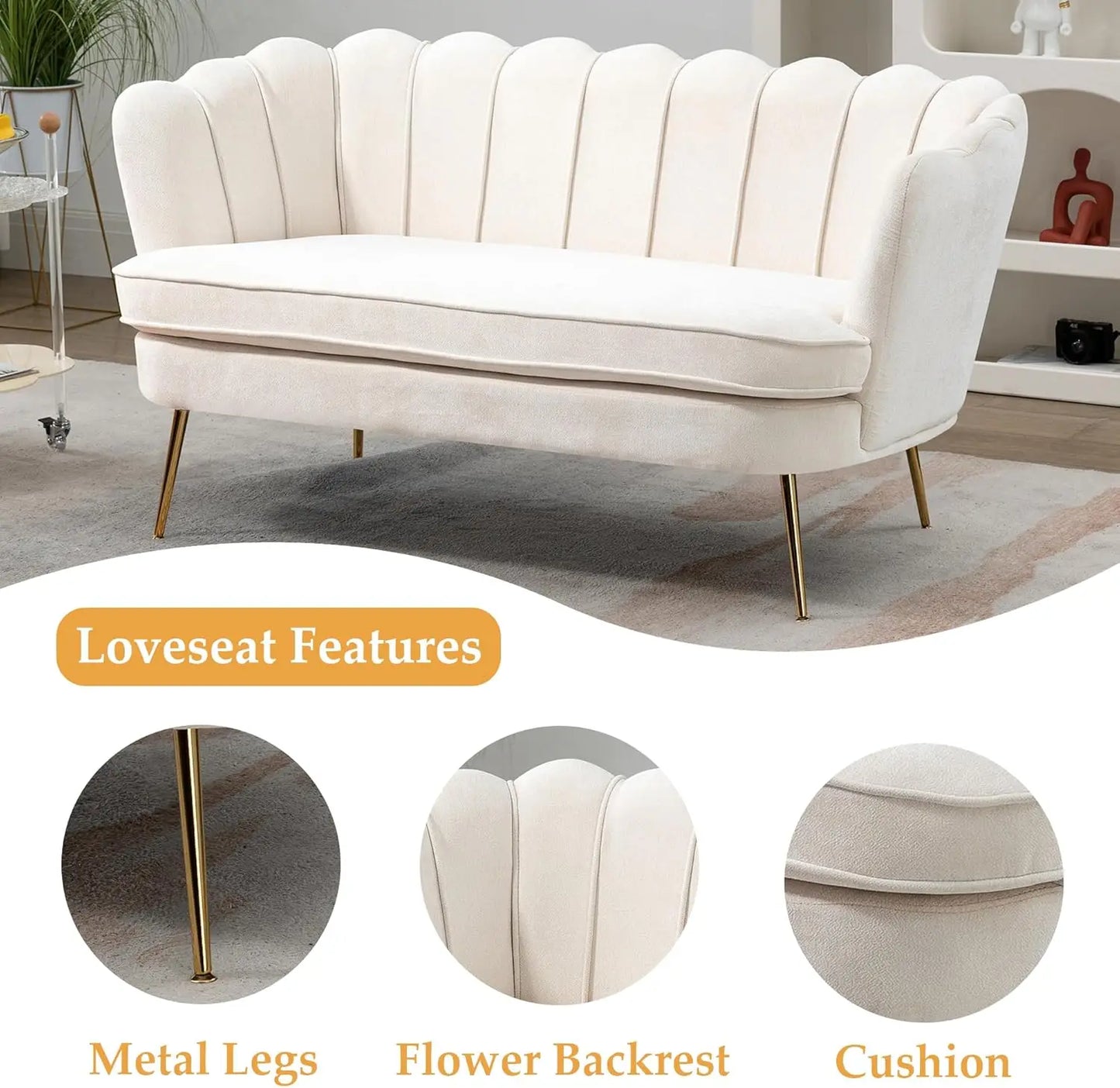 Small Modern Chenille Loveseat Sofa with Gold Metal Legs