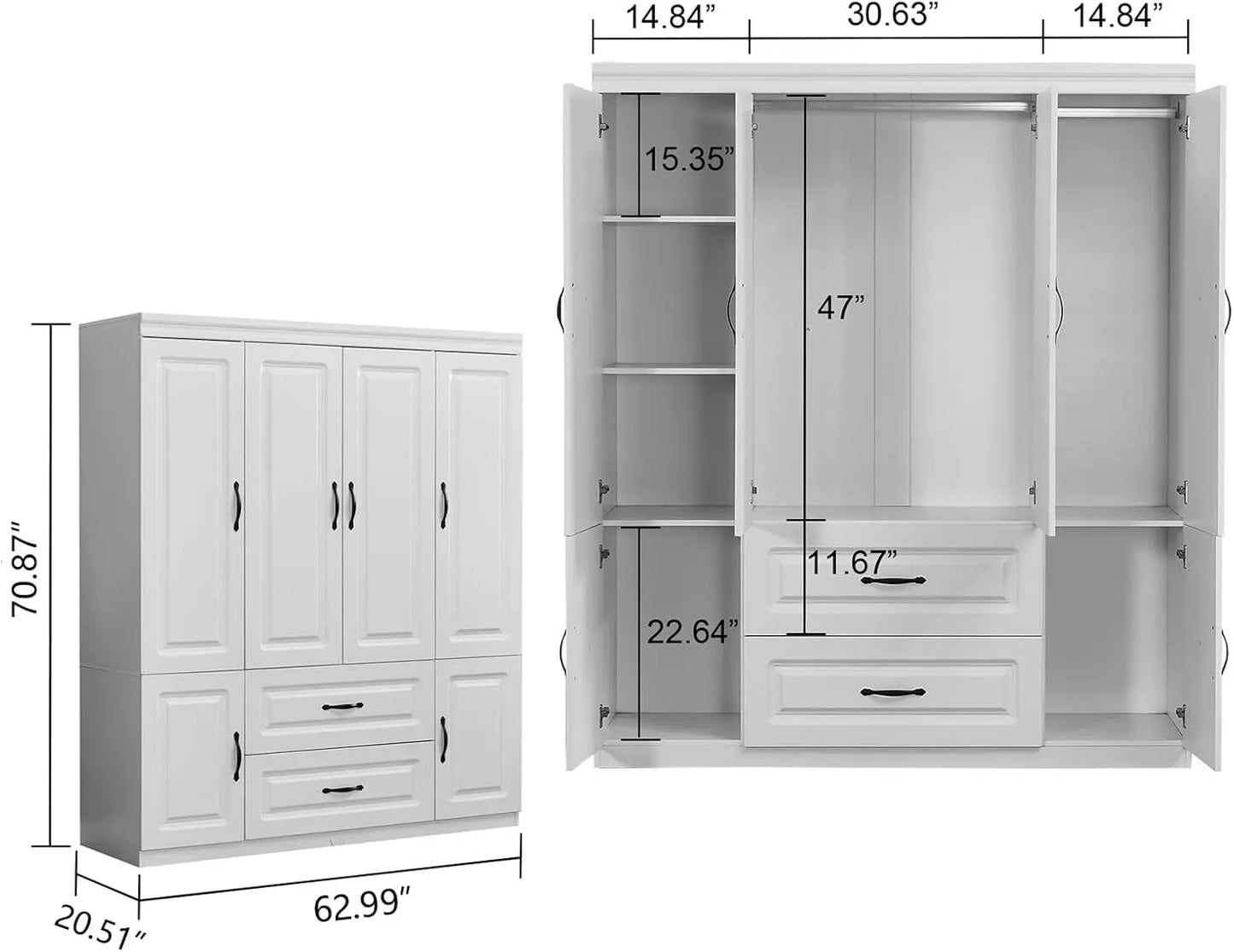 Armoire Wardrobe Closet: 4 Door 2 Drawers Tall Closet with Shelves