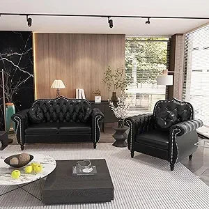Chesterfield 2-Piece Sectional Sofa Set, Mid-Century Modern Upholstered