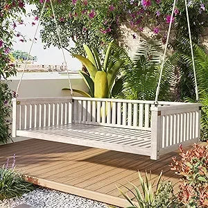 Acacia Wood Porch Swing with Hemp Rope, Twin Size