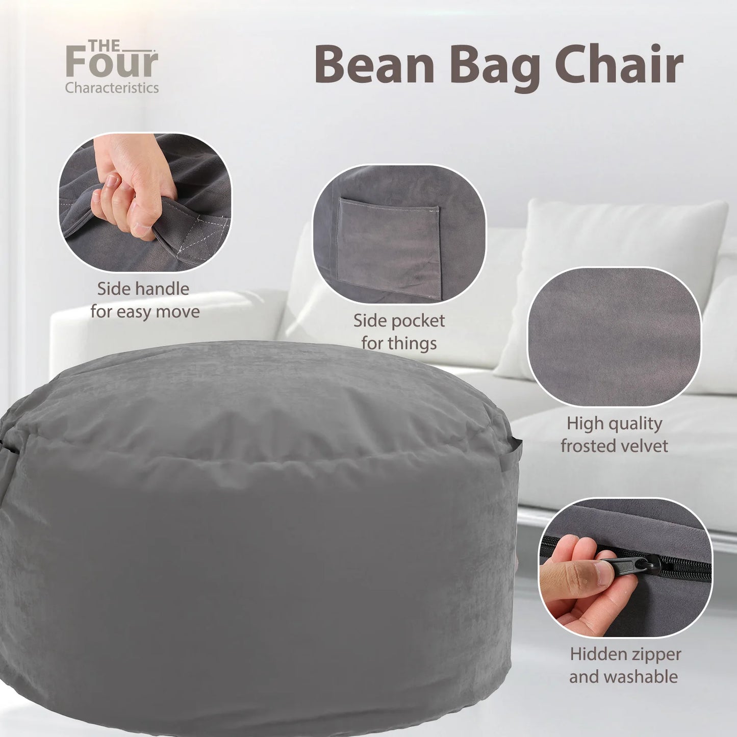 Oversized 3/4FT Bean Bag Chair Foam Filled with Removable Cover