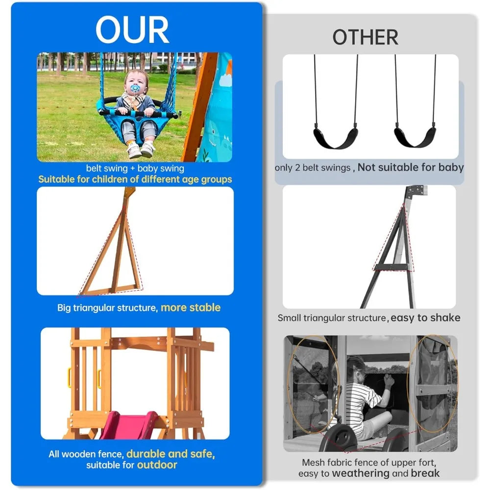 Wooden Swing Sets, Rock Climbing Wall, Sandbox, Monkey bar, and More