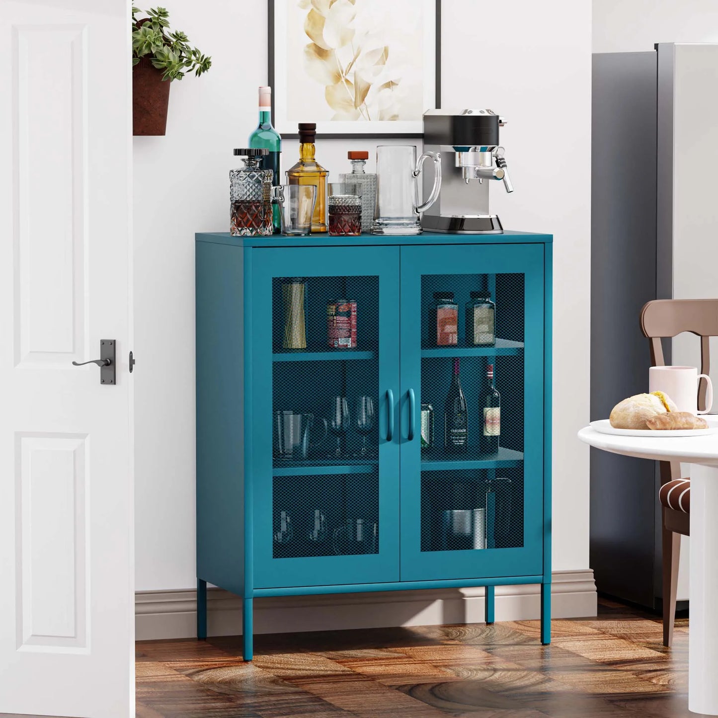 Blue Metal Storage Cabinet with Mesh Doors, Small Office Cabinet