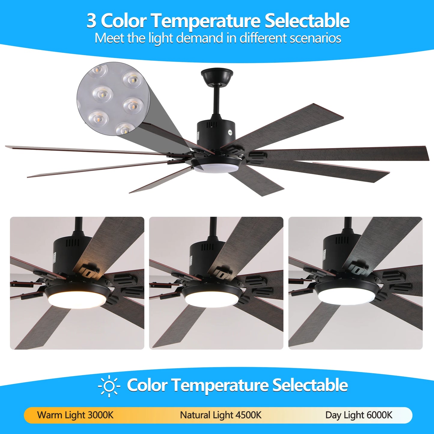 Walnut LED Ceiling Fan Light Remote Control, Dimmable & Adjustable