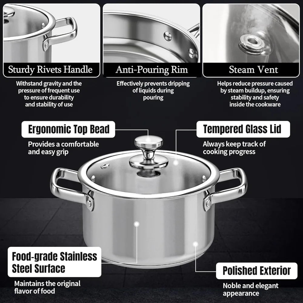 Stainless Steel Cookware Set, 16-Piece Pots and Pans with Glass Lids, Steamer