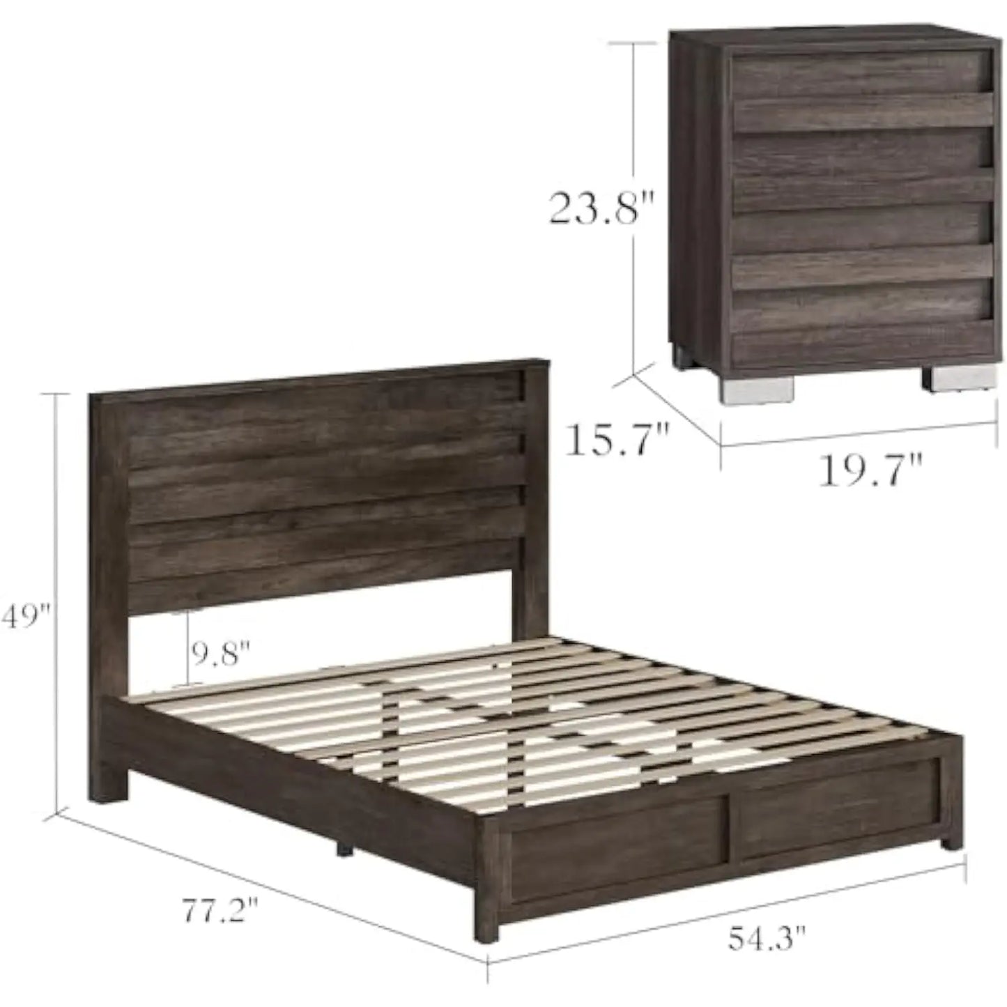 Farmhouse Full Size Bed Frame with Slatted Headboard, 2 Nightstands