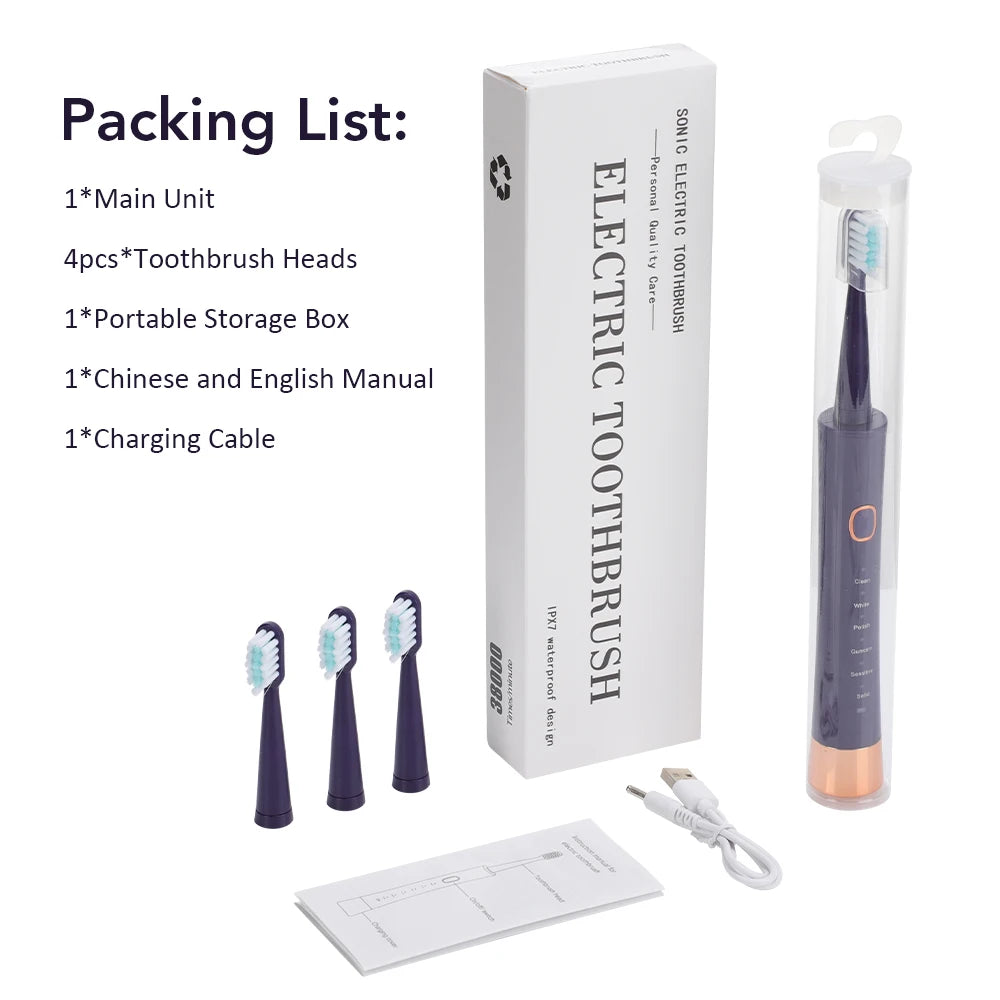 Electric Sonic Toothbrush Rechargeable Waterproof with 4 Soft Brush Heads