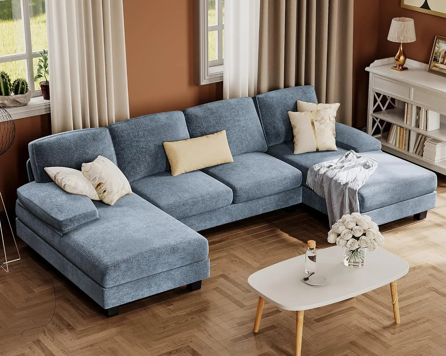 U-Shaped Sofa Couch with Linen Fabric and Double Chaise