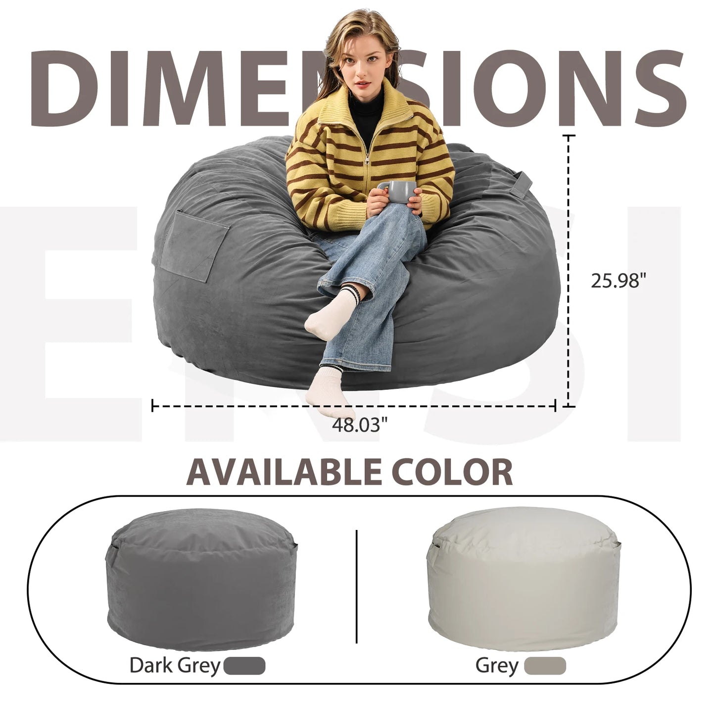 Oversized 3/4FT Bean Bag Chair Foam Filled with Removable Cover