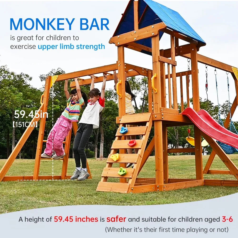 Wooden Swing Sets, Rock Climbing Wall, Sandbox, Monkey bar, and More