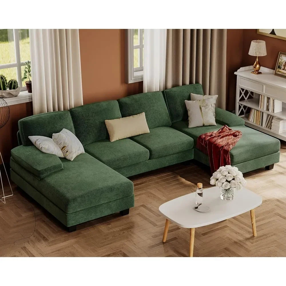U-Shaped Sofa Couch with Linen Fabric and Double Chaise