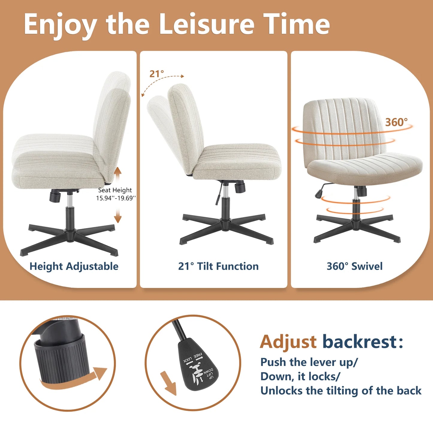 Office Living Room Rocking Gaming Chair Armless Adjustable Swivel