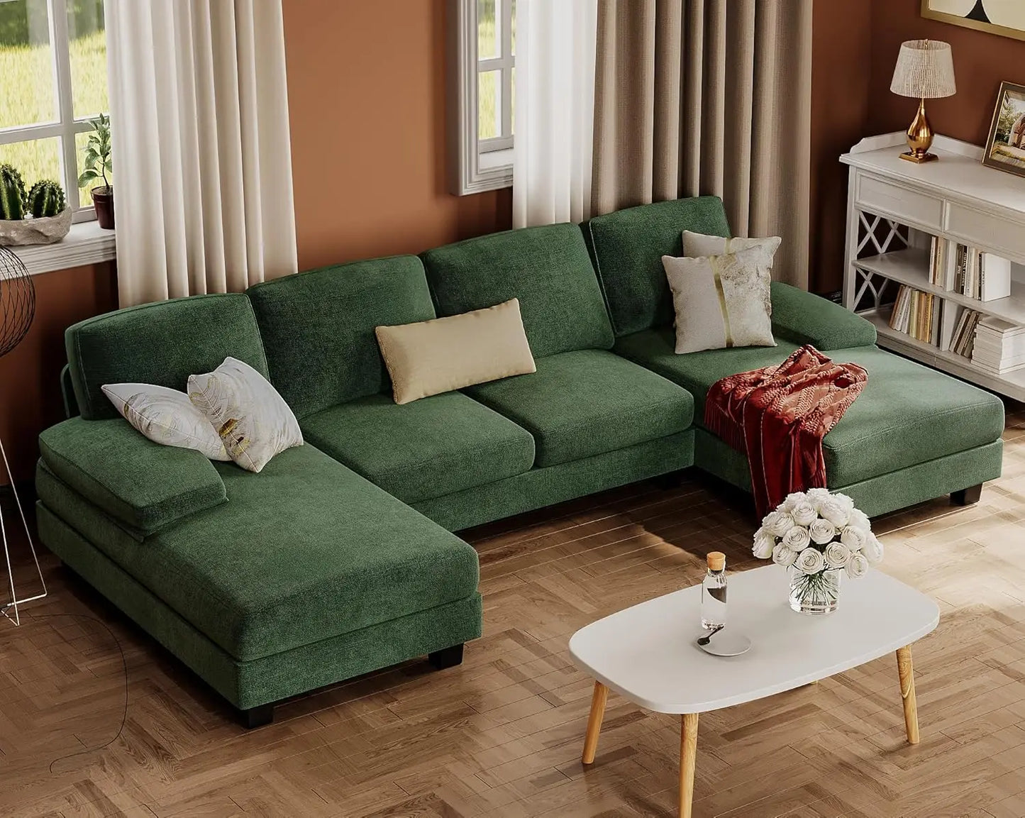 U-Shaped Sofa Couch with Linen Fabric and Double Chaise