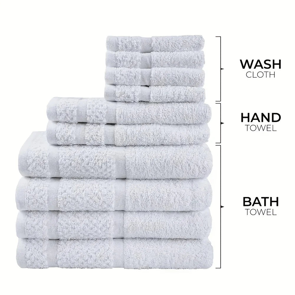 10pcs Bath Towel Set, Solid Color Cotton Towels Absorbent Quick-drying